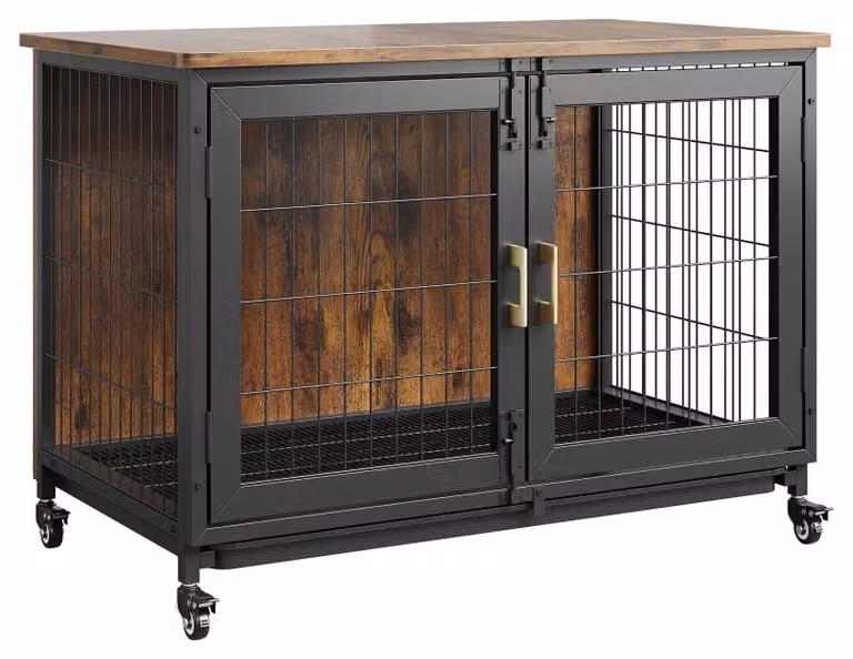 Gabbia per cani in legno - Cuccia per cani da interno - Design rustico - Ruote bloccabili - Cassetto estraibile - Adatta a cani di piccola, media e grande taglia - Colore: nero