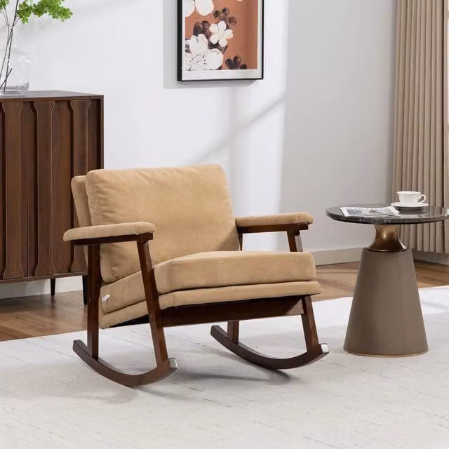 Poltrona Dondolo Relax Minimal in Legno e Velluto Beige per Soggiorno e Camera da Letto L/P/H: 73 x 80 x 12.7 cm – 1