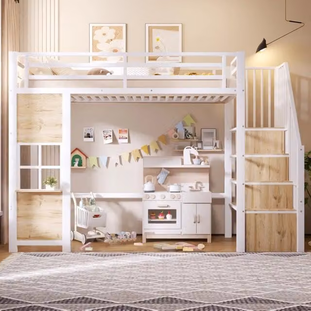 Letto a soppalco per bambini 90x200 cm in metallo e MDF bianco con scala contenitore e ringhiera