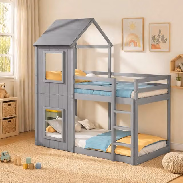 Letto a castello per bambini 90x200 cm in legno massello di pino grigio con scala e baldacchino
