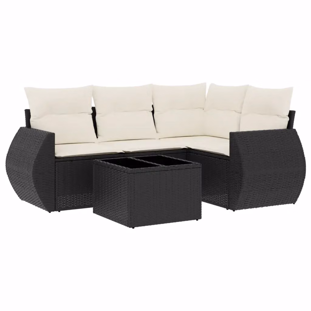 Set Divani da Giardino L-Shape vidaXL 5 Pezzi con Cuscini e Tavolino in Polyrattan Nero e Bianco – 2