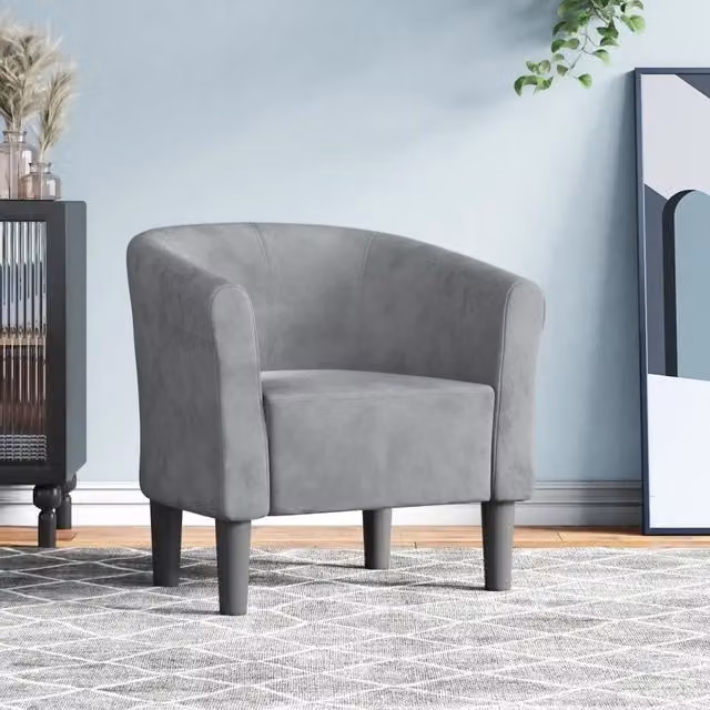 Poltrona moderna vidaXL in velluto grigio con struttura in legno e schienale a vasca – 1