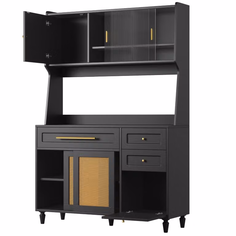 Armadio alto Flieks con LED, 120x45x195,5 cm, buffet da cucina con ante scorrevoli in rattan, mobile contenitore in stile rustico, nero