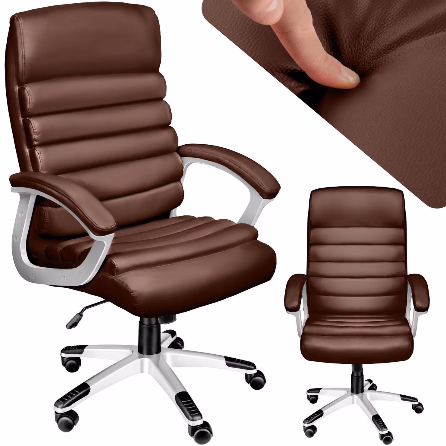 Sedia da ufficio ergonomica Paul TecTake GmbH in ecopelle marrone con braccioli e rotelle, regolabile in altezza e girevole a 360 gradi – 1