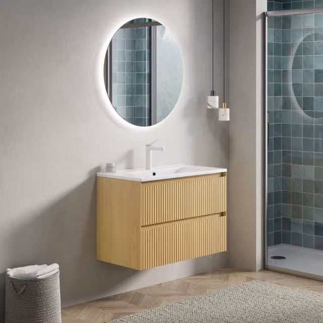 Mobile sottolavabo sospeso con lavabo integrato in ceramica e 2 cassetti con chiusura ammortizzata rovere dorato e bianco
