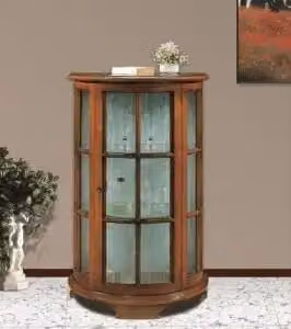Vetrina bassa semicerchio KIVIO in legno di larice con ante in vetro e griglia in stile rustico, colore noce scuro, L: 112 cm, H: 74 cm, P: 42 cm