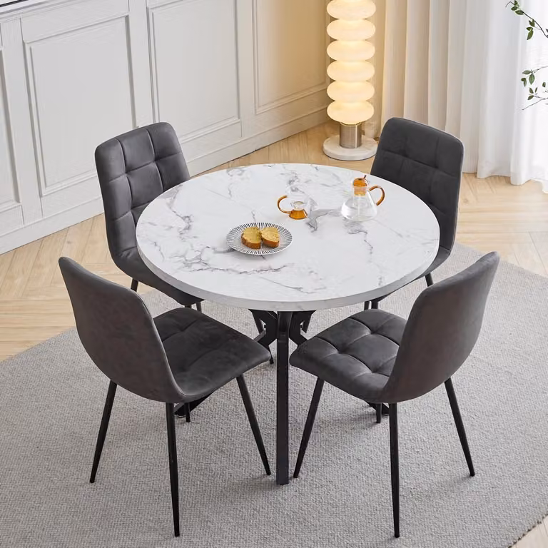 Set tavolo e sedie: 4 sedie, tavolo da 100 cm, ecopelle, colore grigio scuro, gambe nere