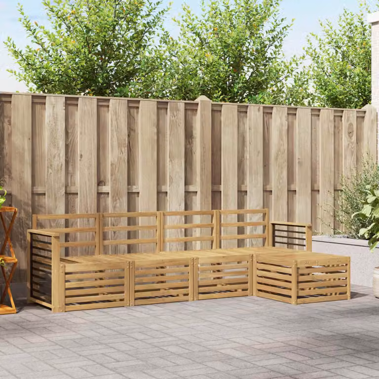 Set di divani da esterno vidaXL a forma di L in legno di acacia massello con cuscini bianchi e marroni composto da 5 pezzi