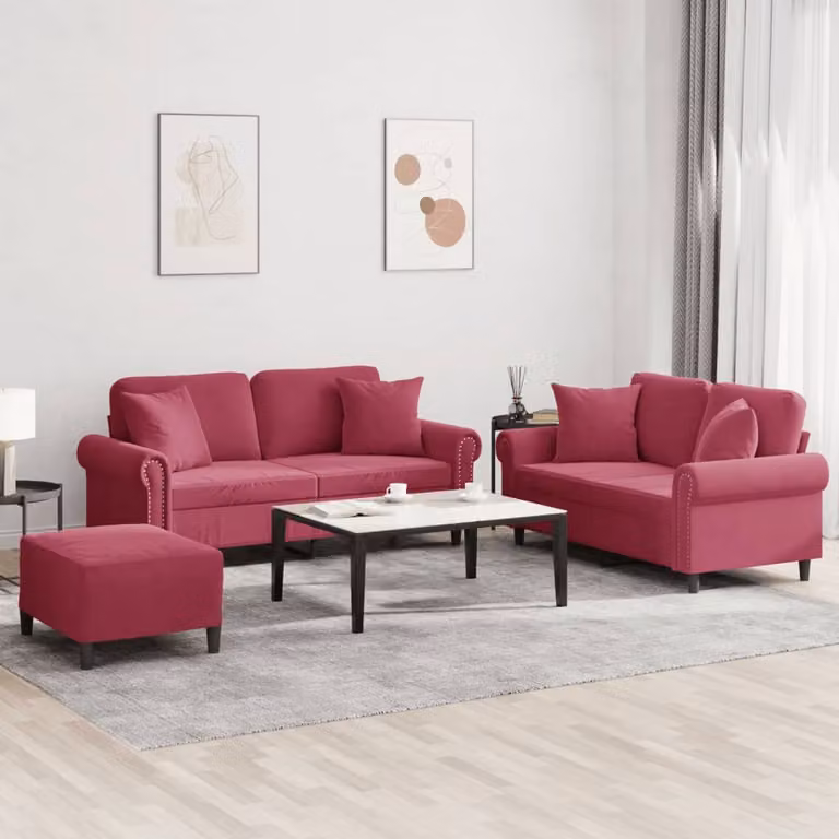 Maison Exclusive - Set divano a 3 pezzi con cuscini in velluto bordeaux