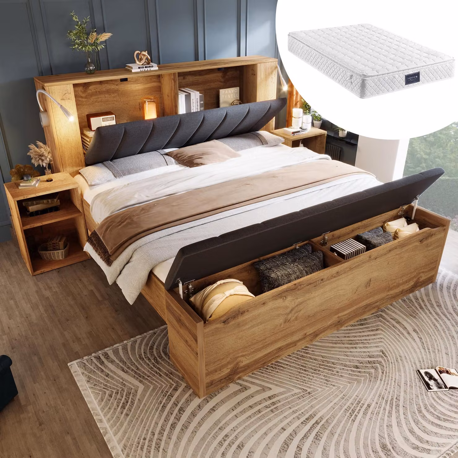MODFU Letto matrimoniale funzionale 160x200 cm con due comodini, lampada da lettura per letto giovane con porta USB, rete con panca e testiera, con materasso, rovere