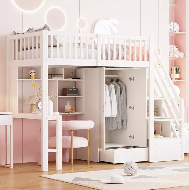 Letto a soppalco 90x200 cm con armadio, scrivania, mensola e scala contenitore in legno bianco