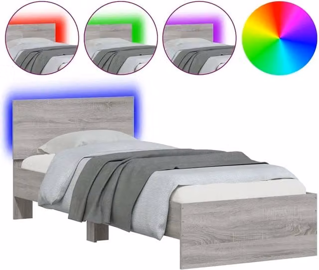 Letto singolo moderno Sonoma Grigio con testiera, illuminazione LED sottostante e porta di ricarica USB, L/P: 90 x 190 cm