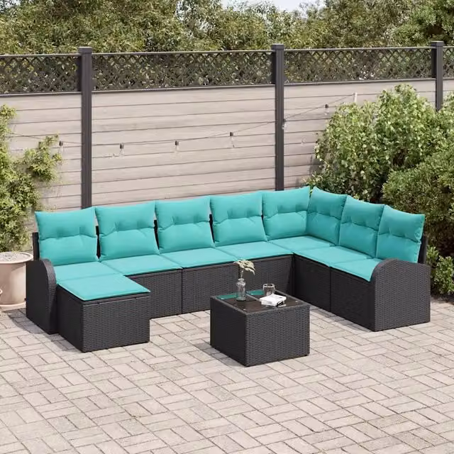 Set di divani 9 pz Nero e Turchese polyrattan 3354845