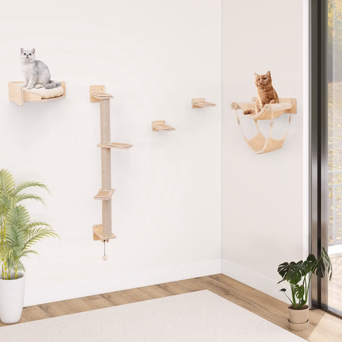 Set di mobili da arrampicata per gatti Costway in legno con pali tiragraffi in juta e amaca, 5 pezzi, Naturale/Beige/Marrone