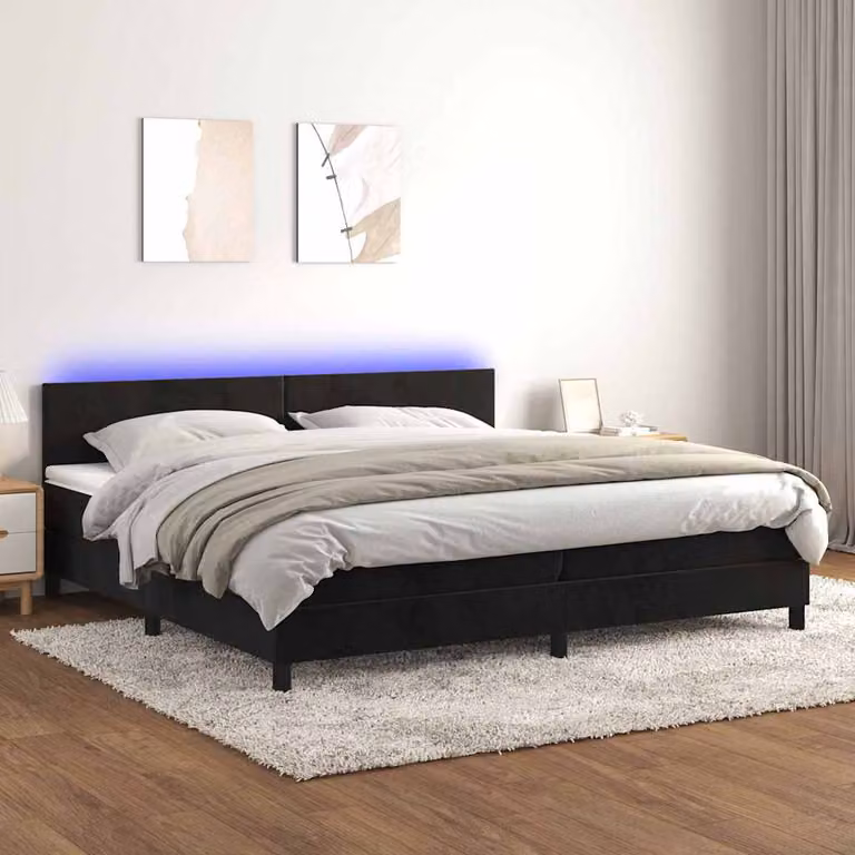 Letto Ibrido vidaXL con Materasso, Illuminazione LED e Porte USB in Velluto Nero, L/P: 200 x 200 cm