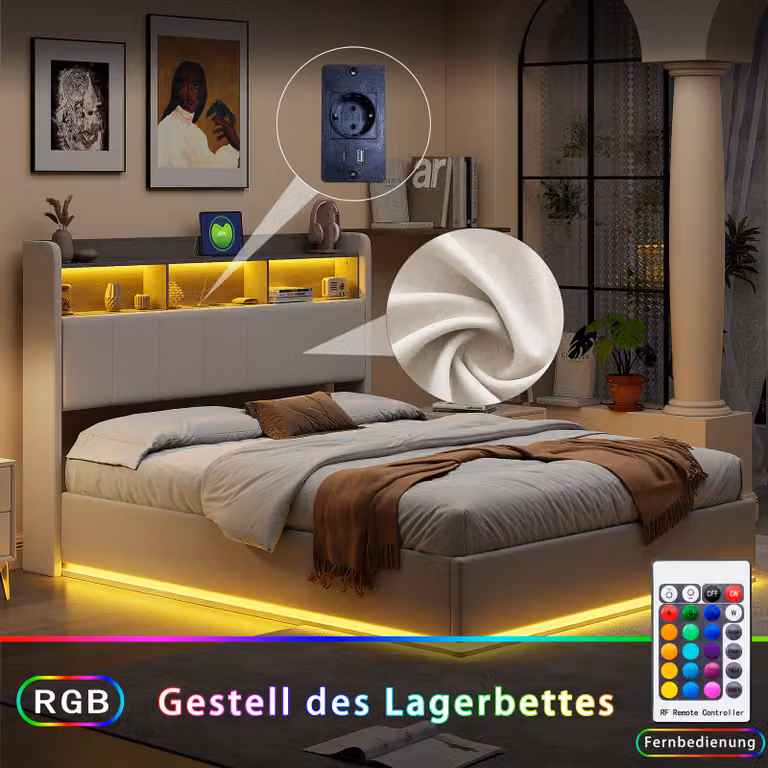 Letto imbottito UnboxG 160x200cm con USB e rete a doghe, letto a molle idrauliche con contenitore, letto contenitore matrimoniale con testata contenitore e LED, beige