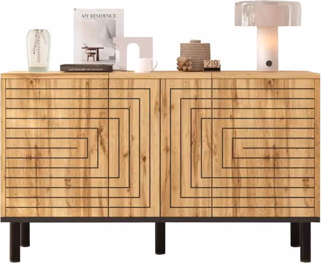 Credenza in Legno Naturale 120 cm con 3 Ante Push-Pull; Motivo a Onde; Mobile Soggiorno