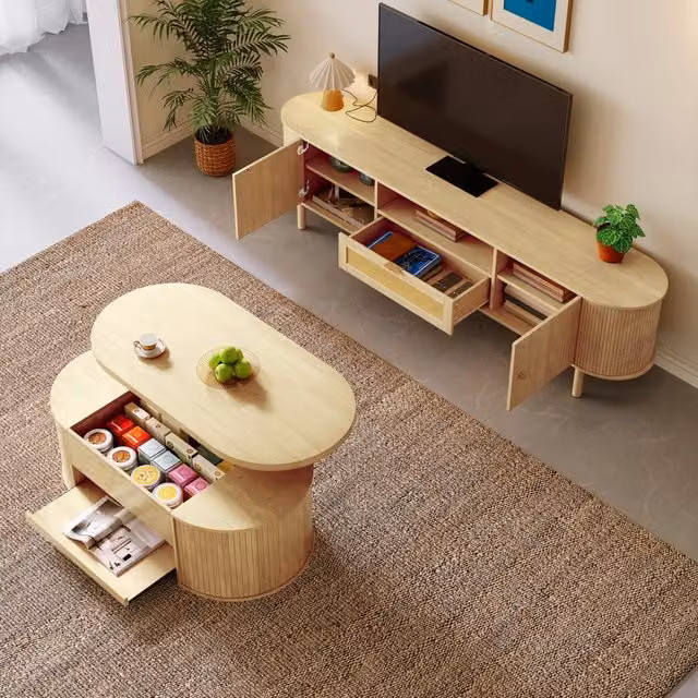 Set mobili soggiorno con tavolino regolabile in altezza e mobile TV in MDF naturale