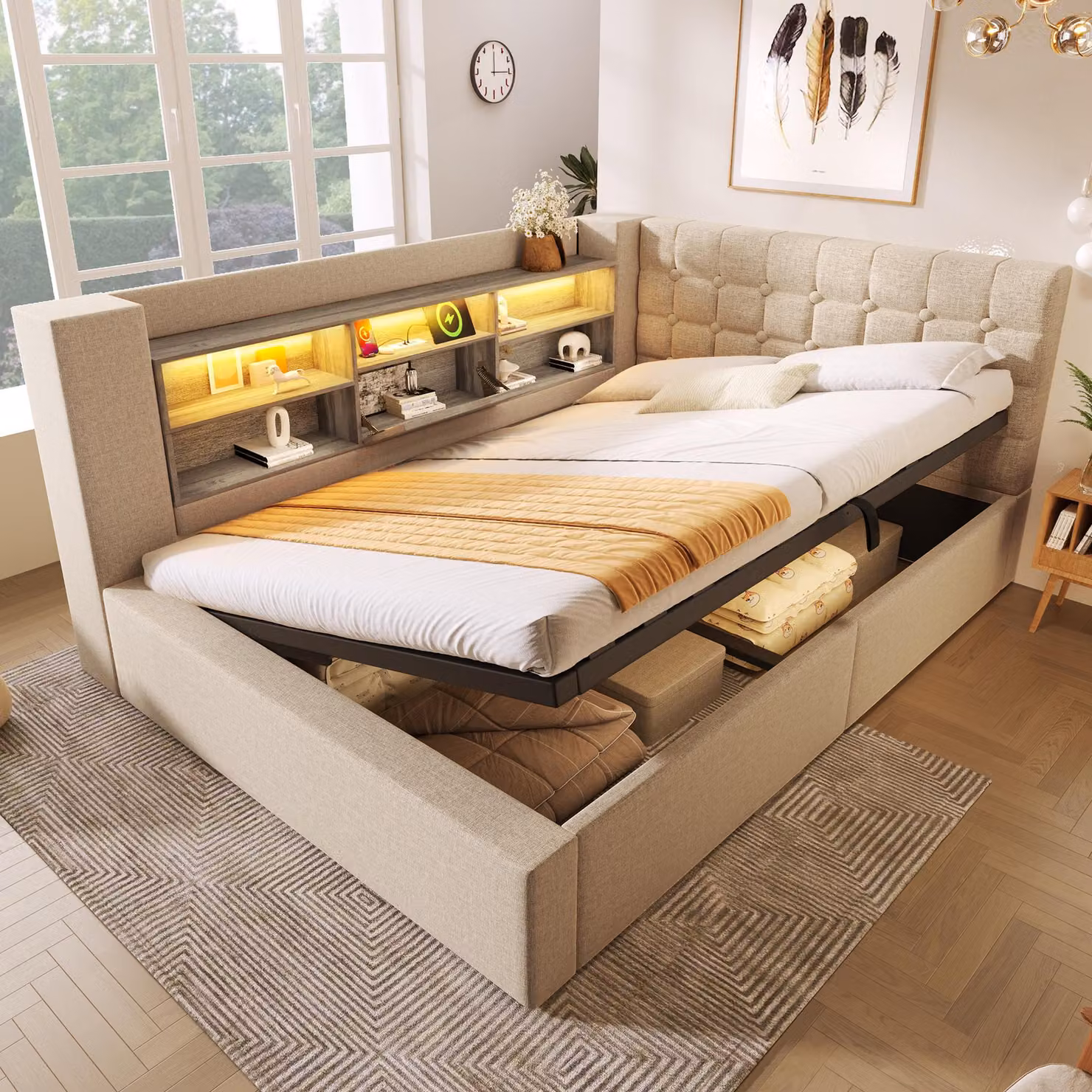Divano letto idraulico Flieks 140x200cm con contenitore, letto imbottito con USB, letto per ragazzi con led e vani a giorno, biancheria matrimoniale, beige
