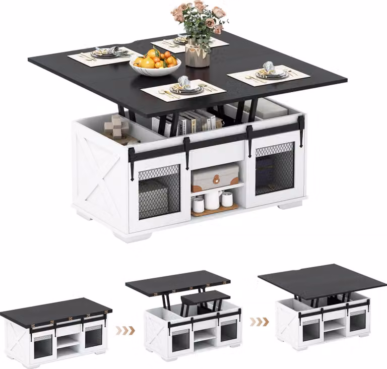 COSTWAY Tavolino con piano, 105 cm Tavolo centrale in stile rustico con 2 ante scorrevoli in stile fienile, ripiani e 3 scomparti, tavolo da pranzo 3 in 1, nero