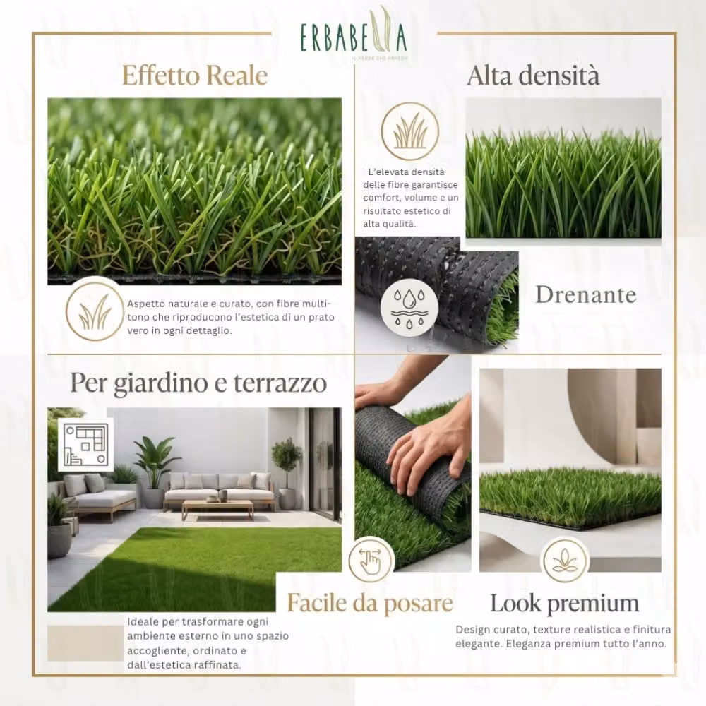Rotolo di prato in erba sintetica ErbaBella con effetto reale e sistema drenante, colore verde e giallo, L: 2 m x P: 25 m – 2