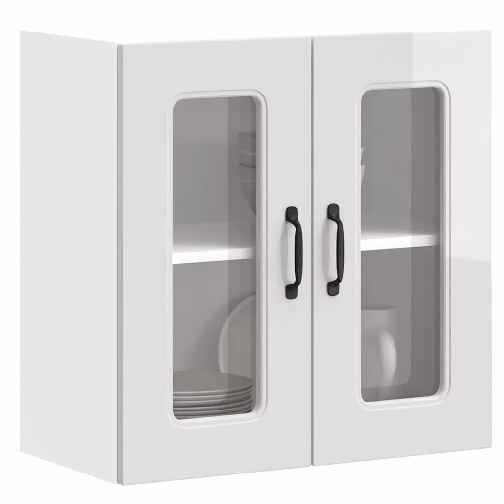Pensile da cucina moderno vidaXL Kalmar bianco lucido con ante in vetro e ripiani interni L: 60 cm, H: 60 cm, P: 31 cm