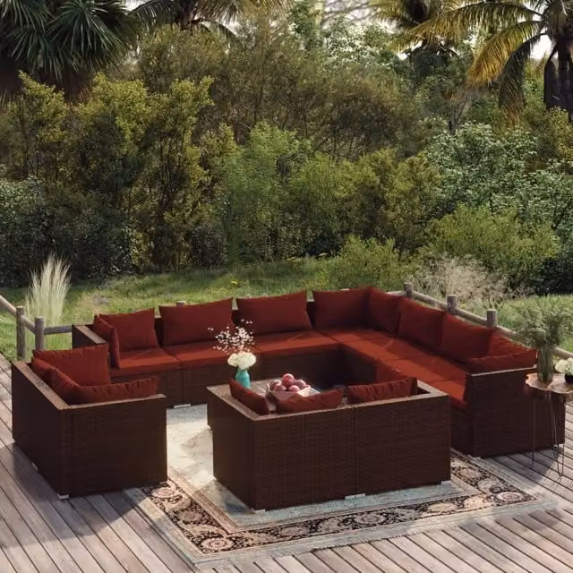 Set di Divani da Giardino vidaXL a Forma di U con Tavolino da Caffè e Cuscini, Colore Marrone e Rosso – 1