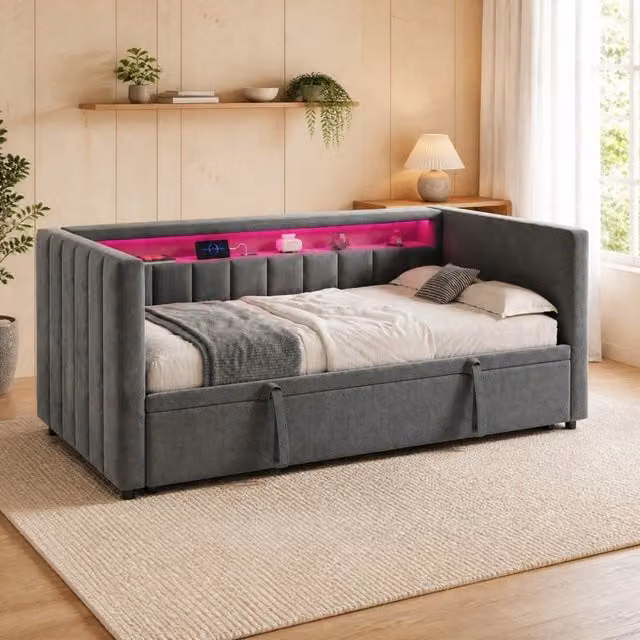 Letto estraibile in velluto grigio scuro 90x190 cm con LED; USB Type-C e struttura in legno e metallo