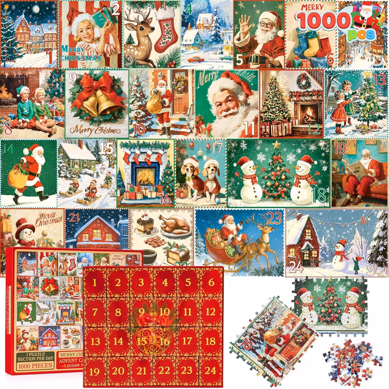 Calendario dell'Avvento a puzzle - Puzzle di Natale da 1000 pezzi - Calendario con 24 giorni di puzzle natalizio, ideale come regalo per bambini e adulti