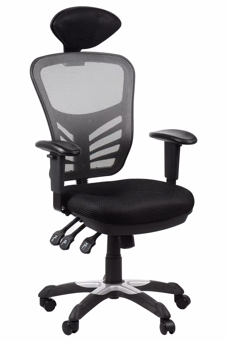 Sedia da ufficio ergonomica girevole HG-0001H, base in nylon, braccioli regolabili, poggiatesta, nero/grigio