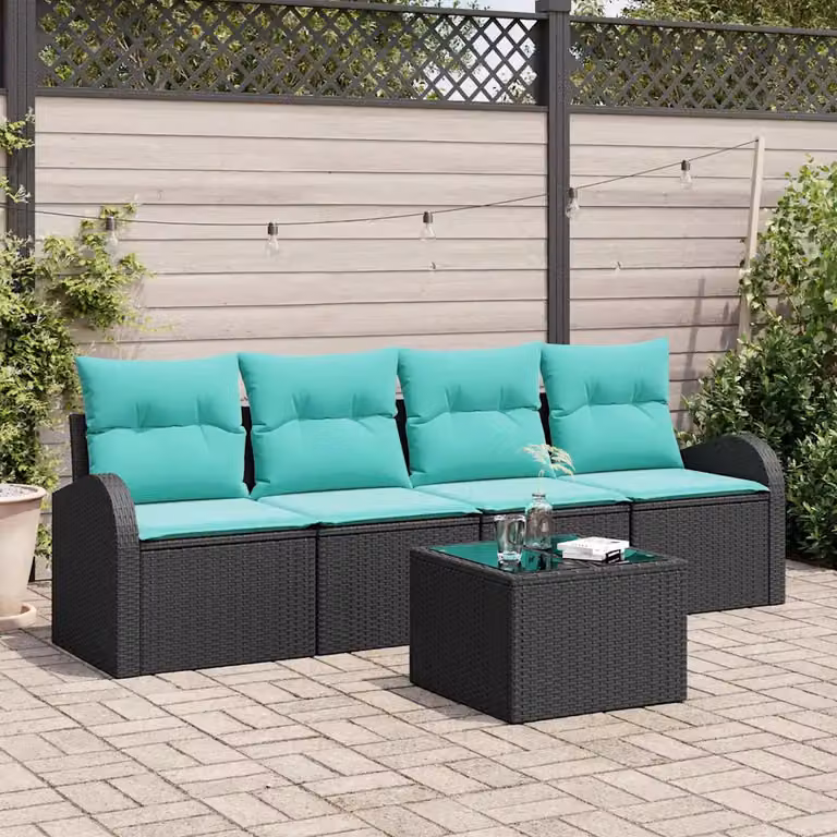 Set Divano da Giardino vidaXL 5 Pezzi Moderno con Cuscini Nero e Turchese