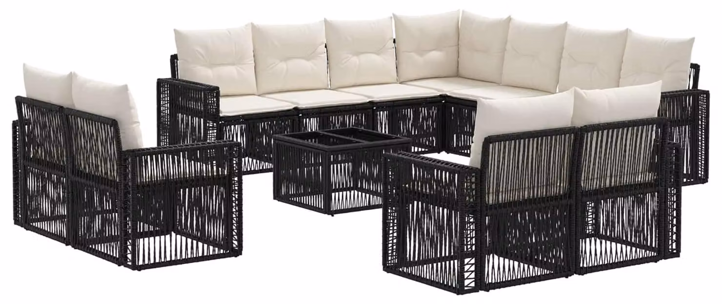 Set Divano da Giardino 12 pcs Nero e Bianco Crema polyrattan