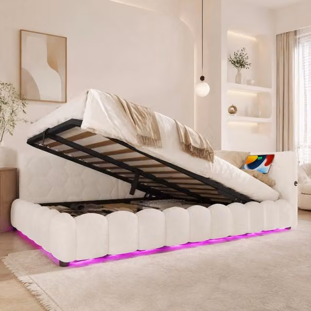 Letto contenitore Mivray con rete a doghe, illuminazione LED e porte di ricarica USB e Type-C, rivestimento in effetto feltro bianco, L/P/H: 140 x 200 x 152 cm