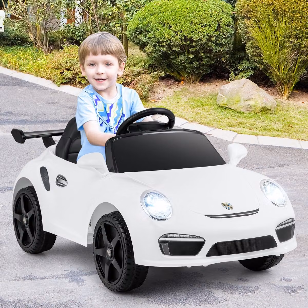 Auto elettrica per bambini Costway Porsche 12V con telecomando, luci LED e musica, colore Bianco
