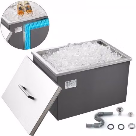 Contenitore per ghiaccio commerciale Vevor in acciaio inox color argento, capacità 30 litri, L: 50,8 cm, P: 35,5 cm, H: 34,2 cm