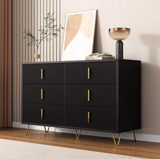 Sideboard 120x77x40 cm con 6 cassetti; design moderno; in truciolare nero e oro