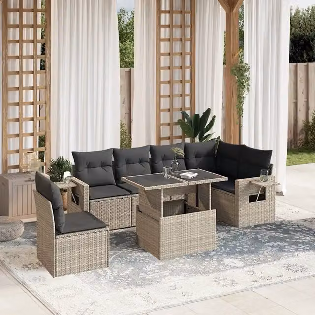 Set da giardino 7 pezzi vidaXL in polyrattan con cuscini grigio antracite e tavolino da esterno a forma di L – 1