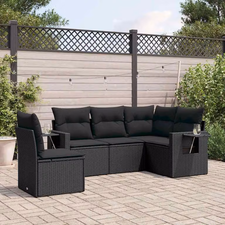 vidaXL Set Divani da Giardino a L 5 pz con Tavolino e Cuscini Neri in Polyrattan e Metallo