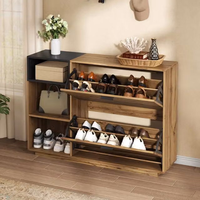 Scarpiera OKWISH per ingresso con 2 ante a ribalta e vani aperti, in MDF, effetto legno naturale e nero, L: 120 cm, P: 32 cm, H: 84,5 cm