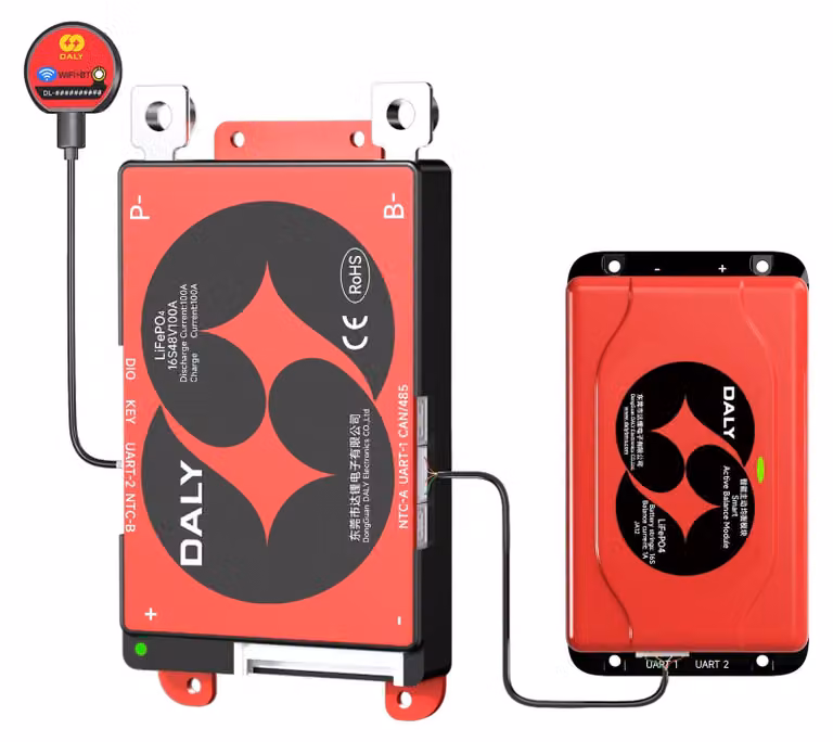 Sistema di gestione della batteria (BMS) 16S 48V 100A con bilanciatore attivo, Wi-Fi e Bluetooth
