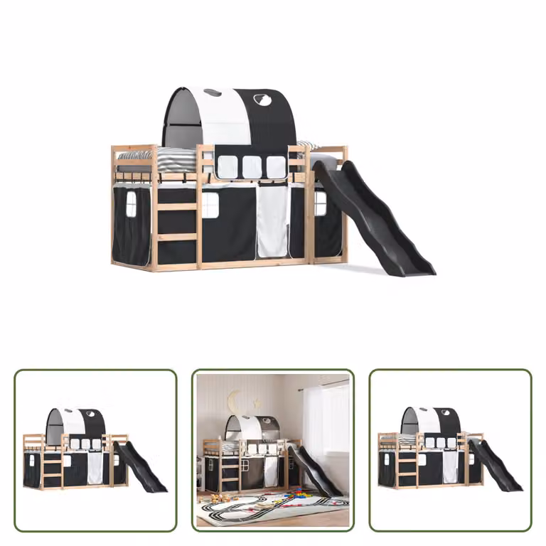 The Living Store Letto a castello con scivolo e tende bianco e nero 80x200 cm
