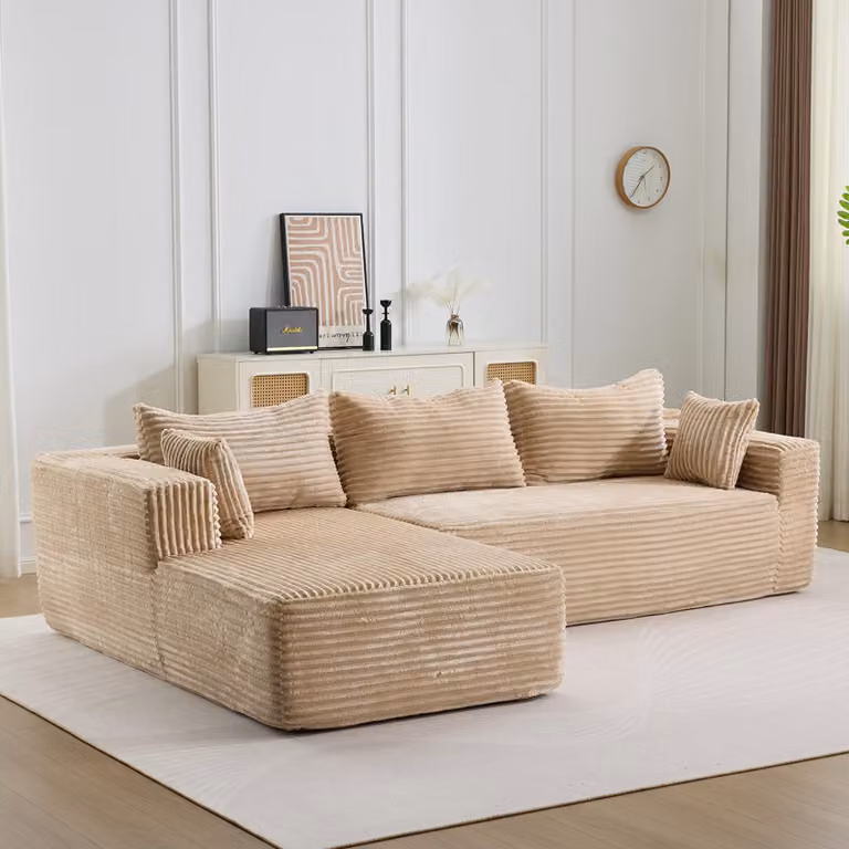 Divano ad angolo con comoda chaise longue, divano a forma di L senza gambe di supporto e con seduta profonda, ideale per soggiorno e camera da letto, in tessuto corduroy, color beige