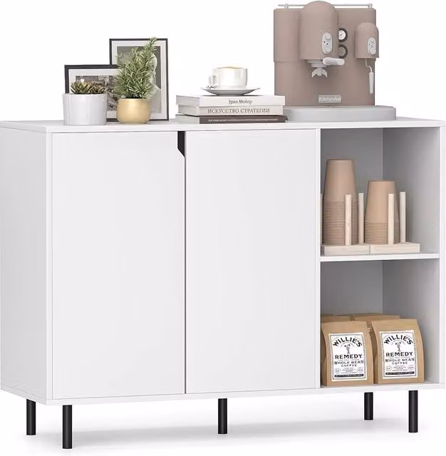Buffet cucina Design Mania con 2 ante e 2 scomparti aperti, credenza moderna con gambe in metallo e ripiani regolabili, Bianco, L: 106 cm, P: 38 cm, H: 80 cm
