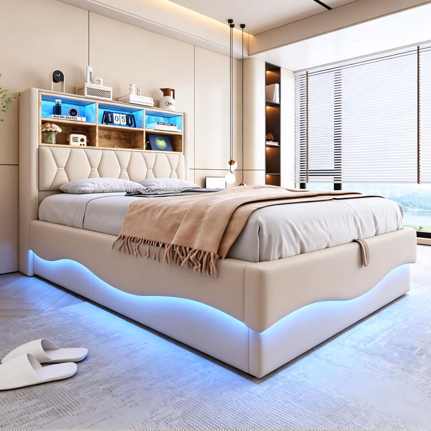 Letto a castello MODFU per giovani, 140 x 200 cm, con illuminazione a LED, letto imbottito con sistema idraulico e spazio contenitore, struttura del letto in lino con telaio in metallo, senza materasso, color beige