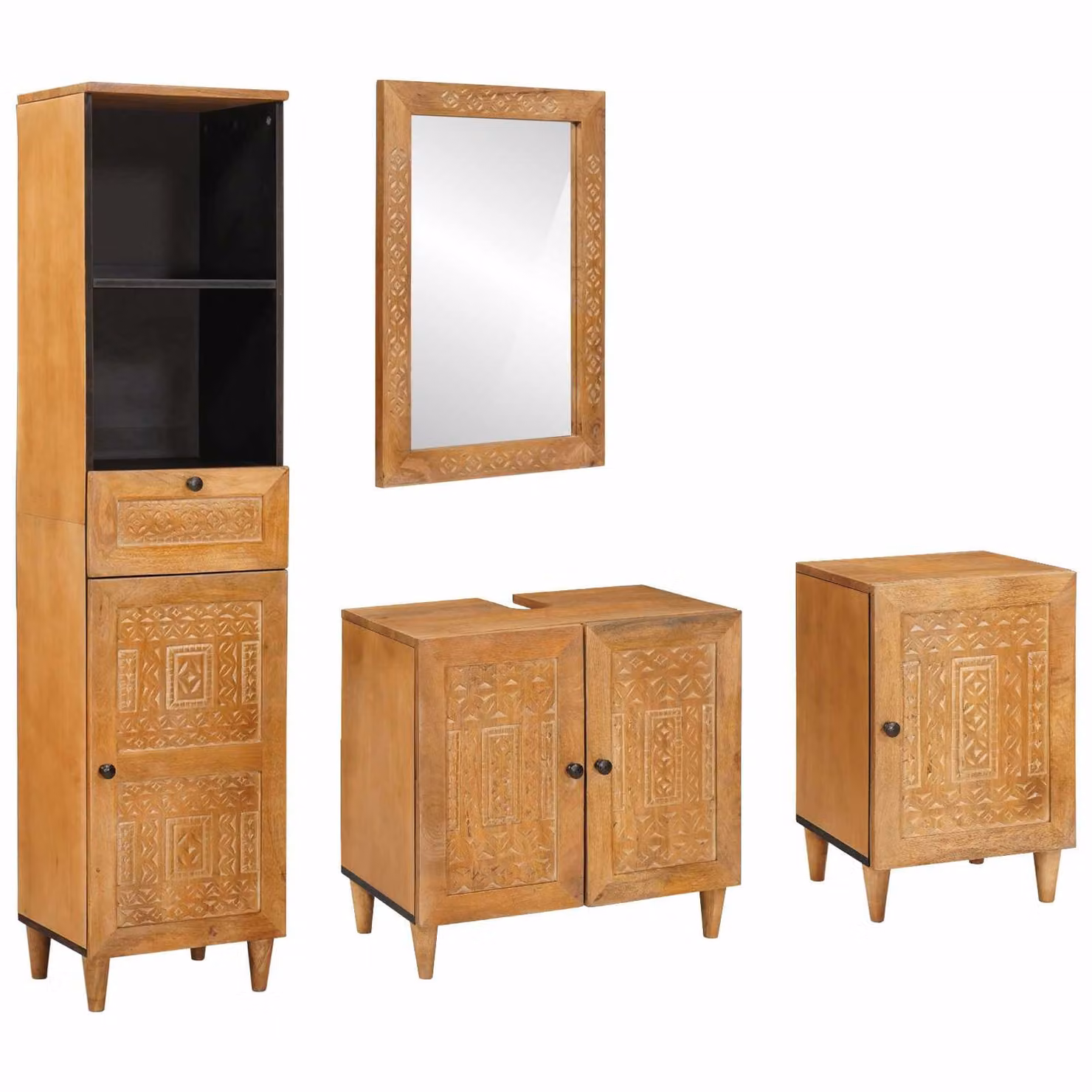 vidaXL Set di mobili da bagno moderno in 4 pezzi marrone con base lavabo, armadio alto, armadietto laterale e specchio