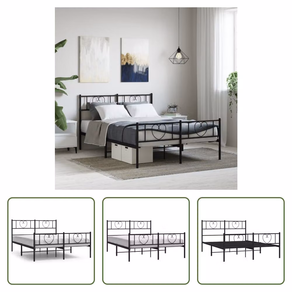 The Living Store Struttura letto con testiera e pediera in metallo nero 150x200 cm