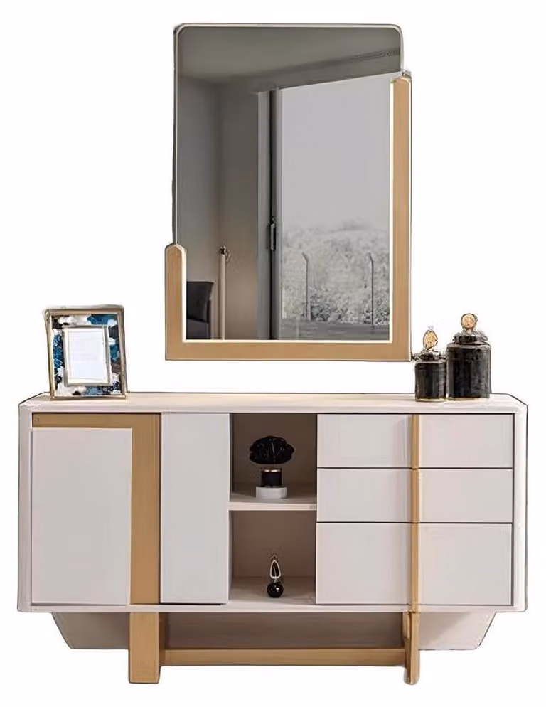 Comodino in stile moderno, colore beige, struttura in legno, design minimalista