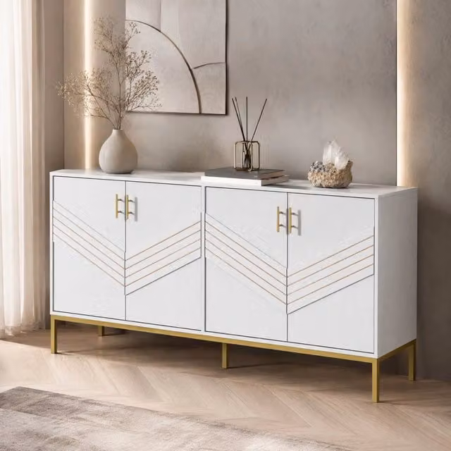 Madia REDOM a 4 ante in MDF bianco e oro con finitura lucida L: 160 cm, P: 40 cm, H: 80,5 cm