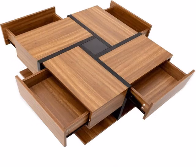 Tavolino quadrato con 4 cassetti, design a linee e colori unici, piano inferiore per riporre, 78x78x36 cm
