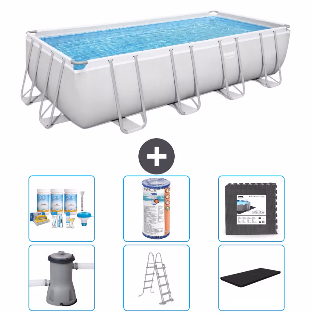 Piscina rettangolare Bestway Power Steel - 488 x 244 x 122 - Grigio, comprensiva di pompa - scala - pacchetto di manutenzione della copertura - filtro - piastrelle del pavimento
